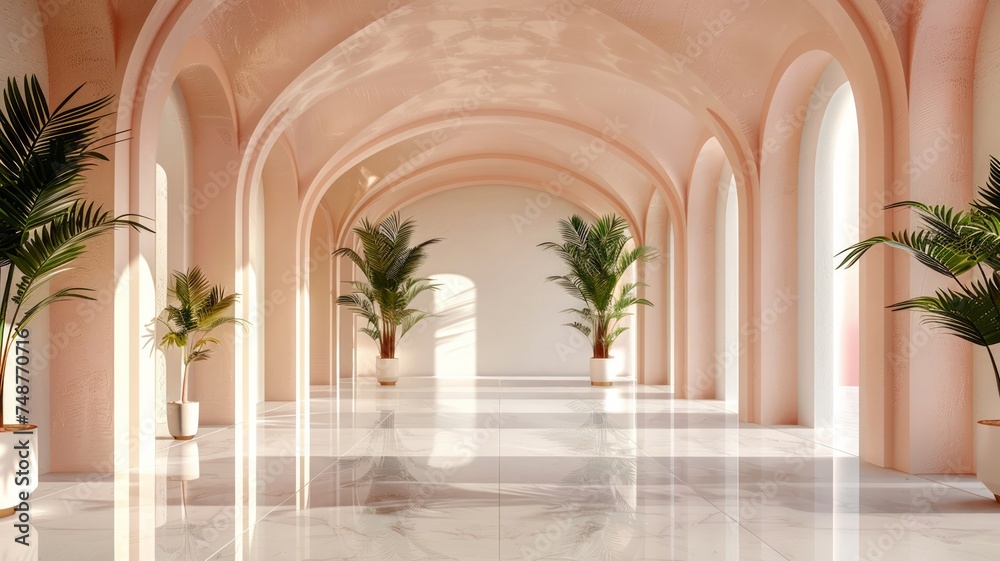 Minimalistic architectural beauty with archways and indoor plants in a sunlit corridor