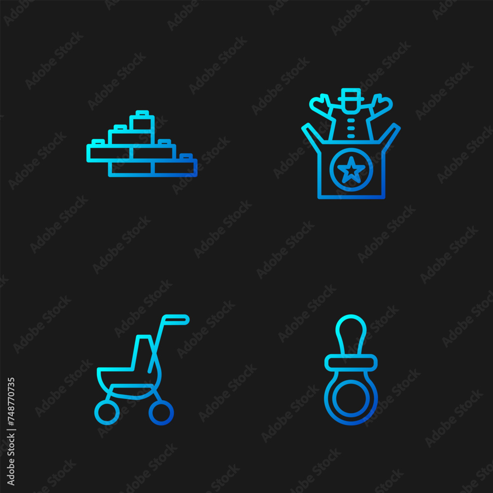 Set line Baby dummy pacifier, stroller, Toy building block bricks and Jack the box toy. Gradient color icons. Vector Set line Baby dummy pacifier, stroller, Toy building block bricks and Jack the box toy. Gradient color icons. Vector