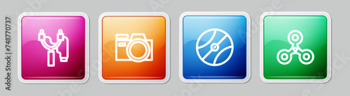 Set line Slingshot, Photo camera, Basketball ball and Fidget spinner. Colorful square button. Vector