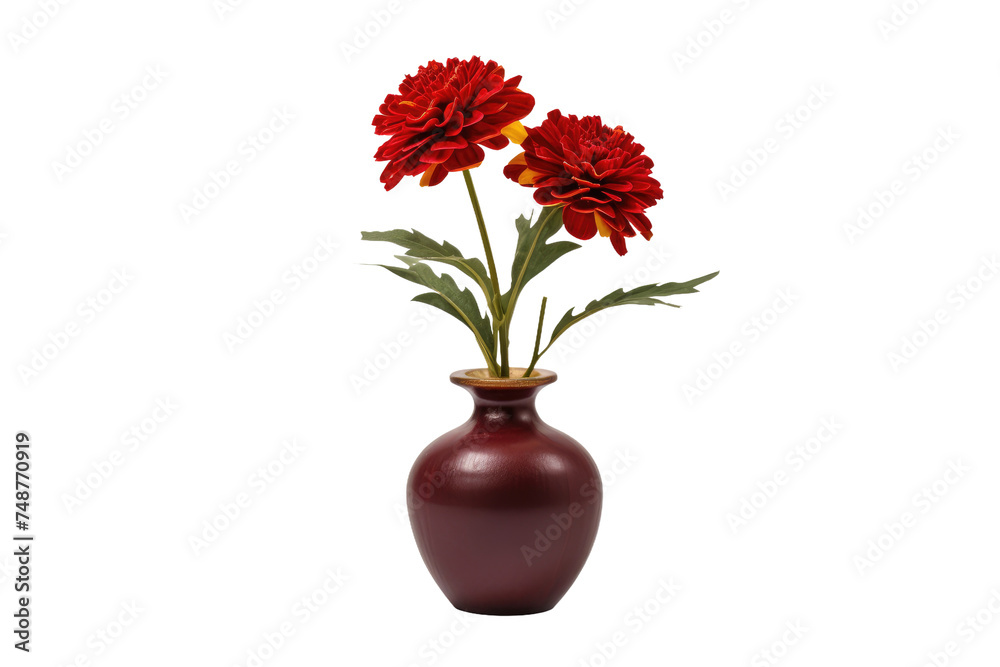 A red ceramic vase filled with three vibrant red flowers standing upright. The flowers appear fresh and healthy, adding a pop of color to the room.