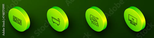 Set Isometric line Electrical outlet, Bathtub, iron and Smart Tv icon. Vector
