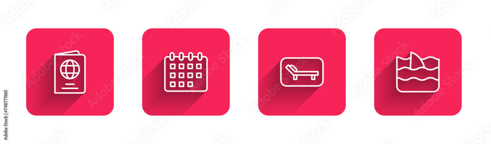 Set line Passport, Calendar, Sunbed and umbrella and Shark fin in ocean wave with long shadow. Red square button. Vector Set line Passport, Calendar, Sunbed and umbrella and Shark fin in ocean wave with long shadow. Red square button. Vector