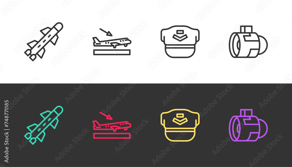 Set line Rocket, Plane landing, Pilot hat and Jet engine turbine on black and white. Vector Set line Rocket, Plane landing, Pilot hat and Jet engine turbine on black and white. Vector