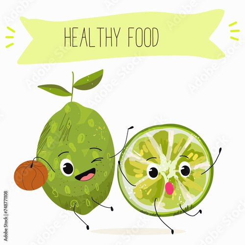 Cute  cartoon lime fruit characters with different activities. Flat vector illustration, funny fruits. Organic food.