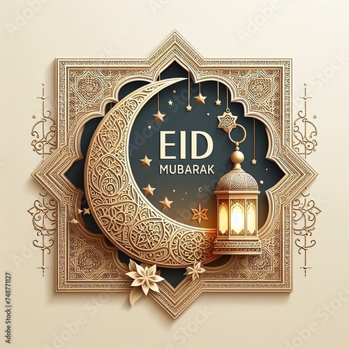 Eid mubarak with an Islamic decorative frame pattern crescent star and lantern on a light ornamental background.