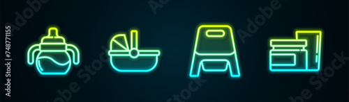 Set line Baby bottle, stroller, potty and food. Glowing neon icon. Vector