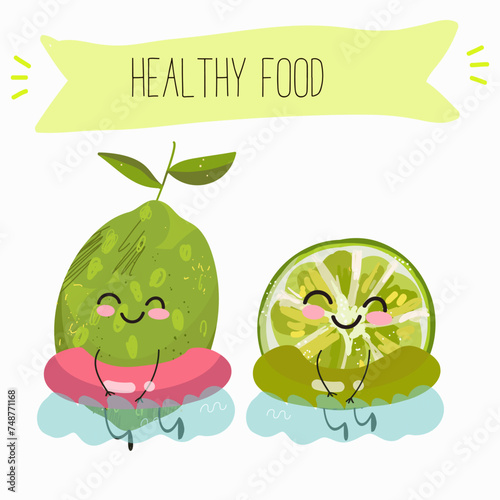 Cute  cartoon lime fruit characters with different activities. Flat vector illustration, funny fruits. Organic food.