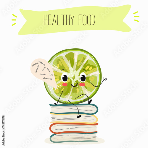 Cute cartoon lime character reciting poetry, reading a poem, sitting astride a stack of books, attributes of a writer. Flat vector illustration, funny fruits. Organic food.