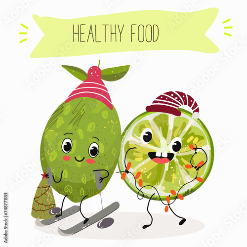 Cute  cartoon lime fruit characters with different activities. Flat vector illustration, funny fruits. Organic food.