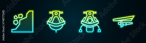 Set line Landslide, Jet ski, Snowmobile and Hang glider. Glowing neon icon. Vector
