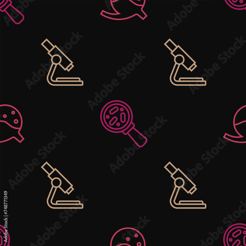 Set line Test tube and flask, Microscope and Microorganisms under magnifier on seamless pattern. Vector