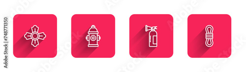 Set line Firefighter, hydrant, extinguisher and Climber rope with long shadow. Red square button. Vector