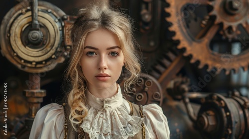 Beautiful Blonde Woman Background in the Style Steampunk Gears and Steam Pipes integrated into Her Design created with Generative AI Technology