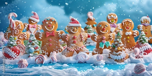 Delightful gingerbread family enjoying a snowy Christmas party with sweet treats photo