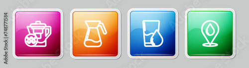 Set line Water jug with a filter, Jug glass water, Glass and drop location. Colorful square button. Vector