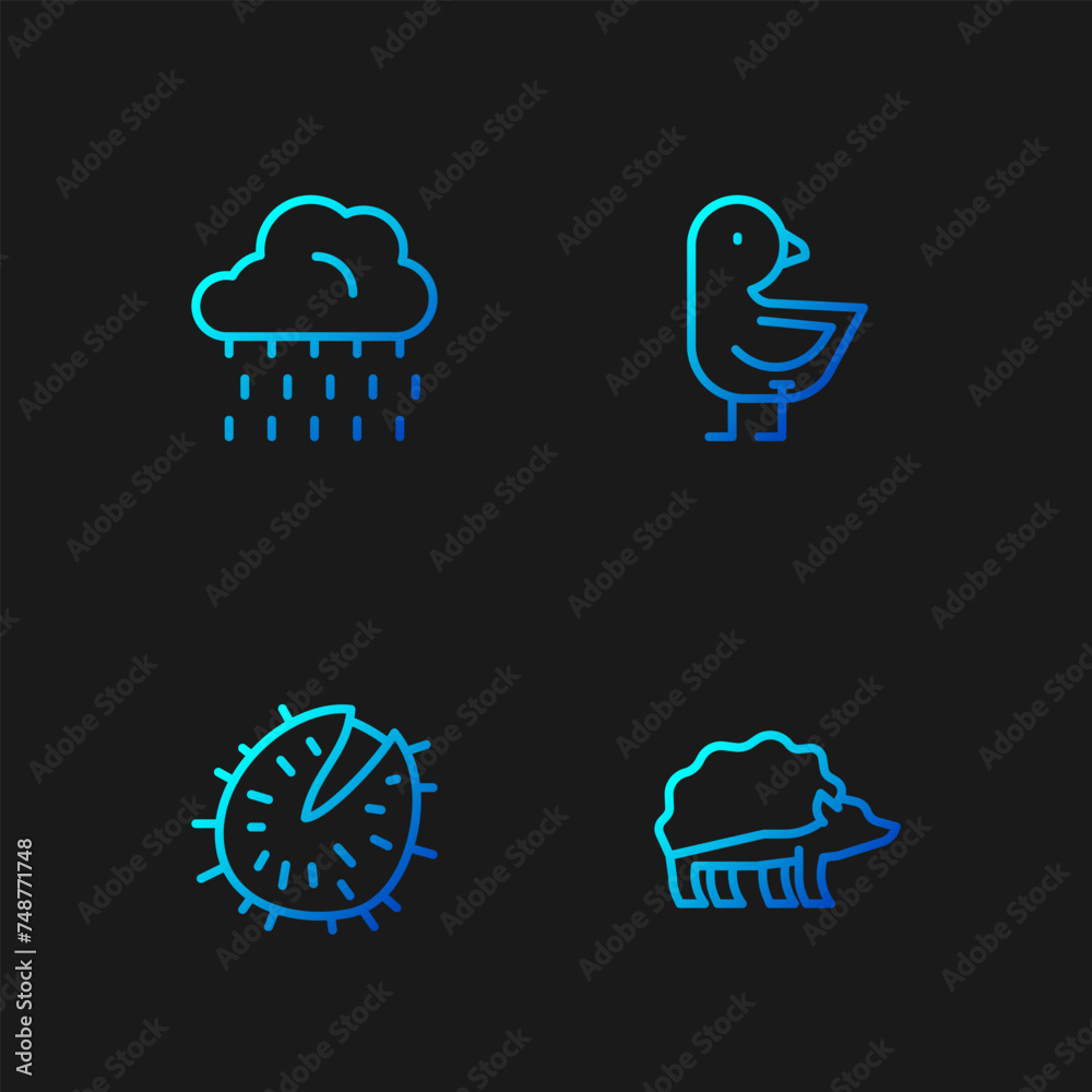 Set line Hedgehog, Chestnut, Cloud with rain and Little chick. Gradient color icons. Vector