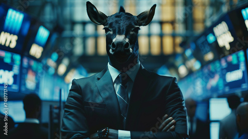 A conceptual image of a businessman with a donkey's head standing in the stock market, symbolizing a humorous or satirical commentary on financial decisions, market conditions, or investor behavior. photo