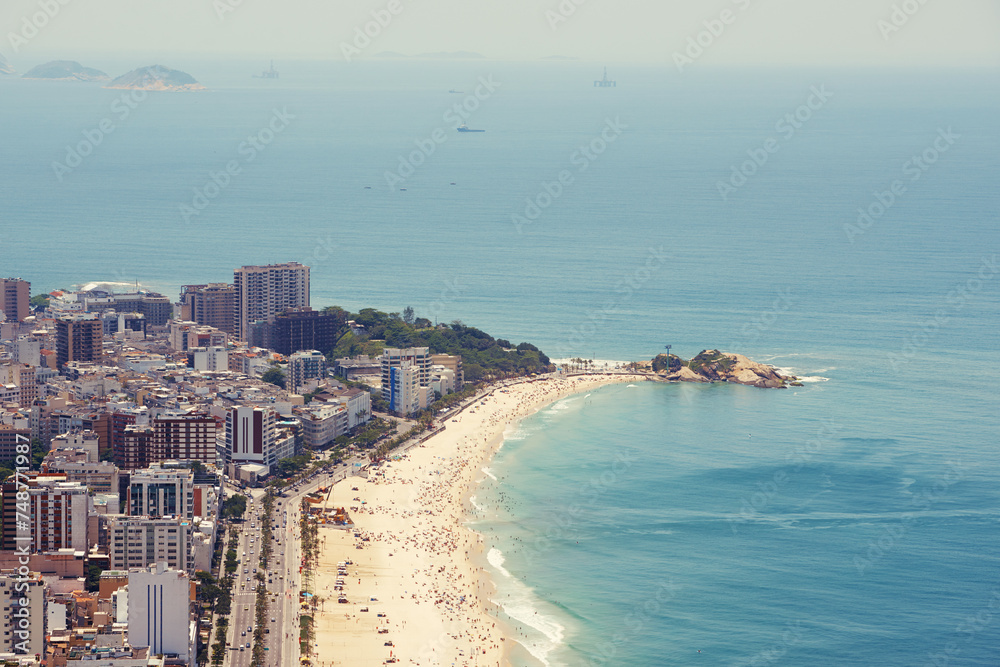 Drone, water and beach for travel, summer and freedom, location and adventure in nature. Aerial view, ocean or Rio de Janeiro landscape, island or tropical paradise, relax or stress relief in Brazil