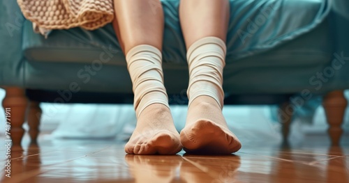 Beautiful female's feet in seamless woman's socks. She takes off her shoes after a long day to relax her sore pain toe photo