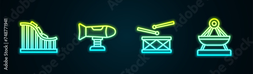 Set line Roller coaster, Swing plane, Drum with drum sticks and Boat swing. Glowing neon icon. Vector
