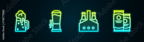 Set line Wooden beer mug, Beer tap, Pack of bottles and can. Glowing neon icon. Vector