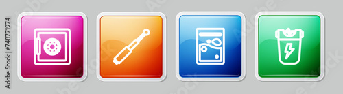 Set line Safe, Telescopic baton, Plastic bag of drug and Police electric shocker. Colorful square button. Vector