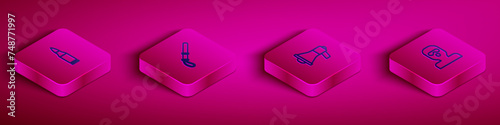 Set Isometric line Bullet, Police rubber baton, Megaphone and Thief mask icon. Vector