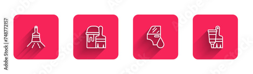 Set line Paint brush, bucket with, Car painting and Tube and with long shadow. Red square button. Vector