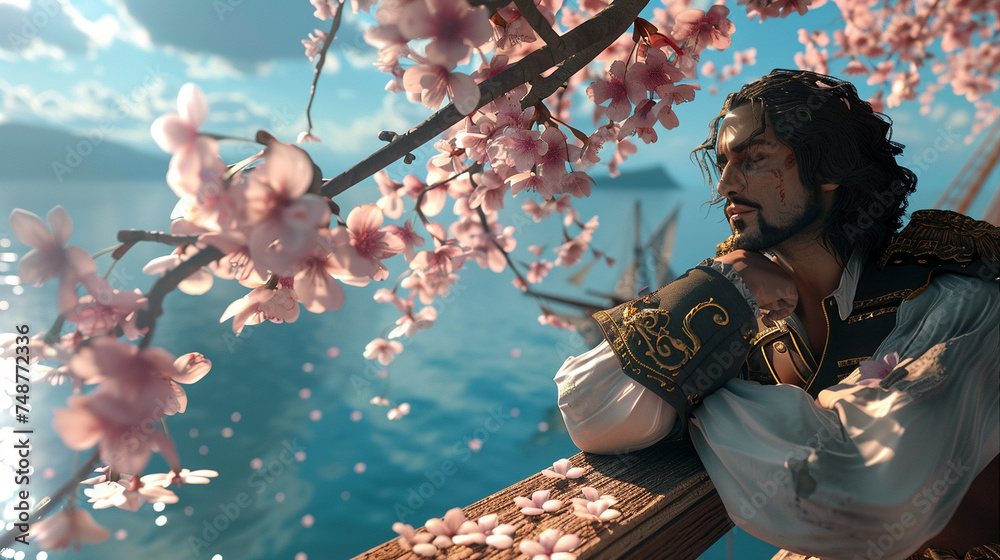 3D render of a pirate with a cherry blossom branch, leaning against the ships railing, contemplating the oceans beauty - obrazy, fototapety, plakaty 
