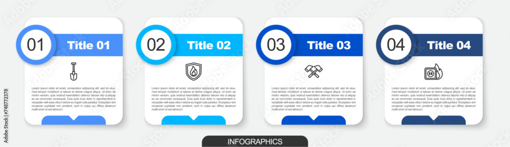 Set line Fire shovel, protection shield, Firefighter axe and Electric wiring of socket in fire. Business infographic template. Vector Set line Fire shovel, protection shield, Firefighter axe and Electric wiring of socket in fire. Business infographic template. Vector
