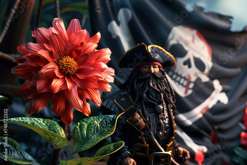 3D render of a pirate with a bright dahlia, standing defiantly under a skull and crossbones flag