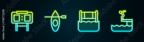 Set line Sport mechanical scoreboard, Kayak and paddle, Water volleyball net and Swimmer diving into pool. Glowing neon icon. Vector