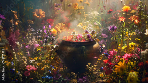 A cauldron surrounded by a riot of flowers, each addition sparking colors and scents of wild enchantment