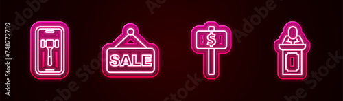 Set line Online auction, Price tag with Sale, Hand holding paddle and Auction auctioneer sells. Glowing neon icon. Vector