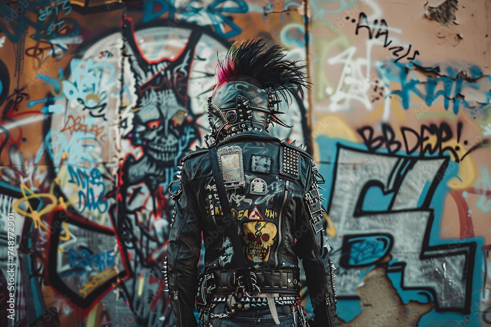 Obraz premium A punk lord reigning over an urban kingdom, graffiti his crest and leather his armor