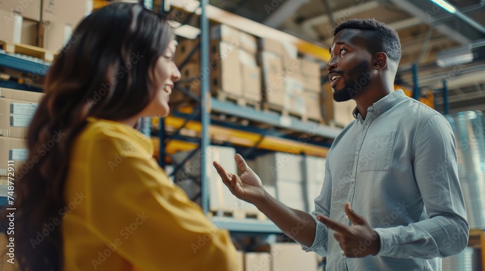 Fototapeta premium Collaborative logistics meeting with a diverse team discussing shipment strategies