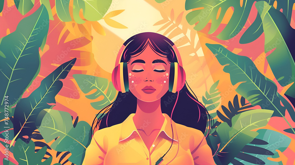 portrait of a girl with closed eyes in a yellow polo with headphones listening to music against the backdrop of the tropics