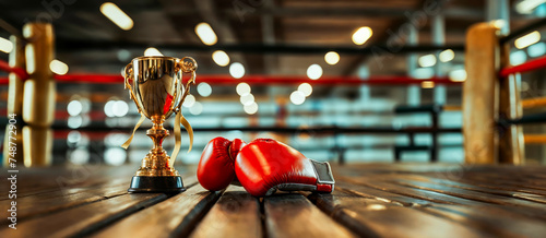 trophée en or à côté de gants de boxe pour le vainqueur d'un tournois de boxe photo