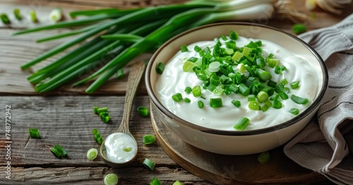 The Simple Elegance of Sour Cream and Green Onions on a Wooden Background