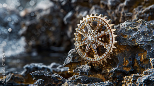 A solitary gear, its edges encrusted with diamonds, stands as a monument to human ingenuity and the allure of nature