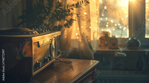 A stereo caught in the gentle sparkle of morning light, promising a day filled with melodies and memories photo