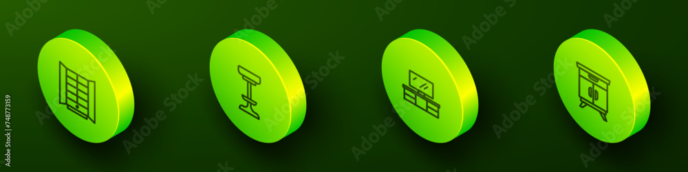 Set Isometric line Wardrobe, Chair, TV table stand and Furniture nightstand icon. Vector Set Isometric line Wardrobe, Chair, TV table stand and Furniture nightstand icon. Vector