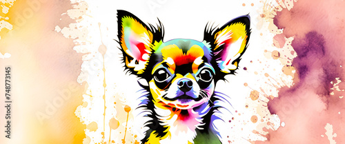 Close up of cute dog's face. Illustration of a long haired chihuahua in vector style. Abstract watercolor background. photo