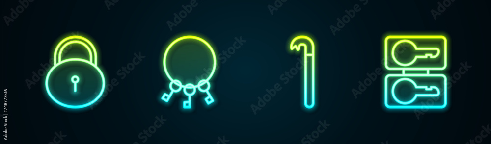 Set line Lock, Bunch of keys, Crowbar and Casting. Glowing neon icon. Vector