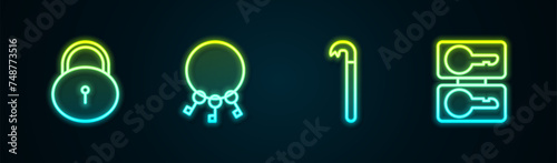 Set line Lock, Bunch of keys, Crowbar and Casting. Glowing neon icon. Vector