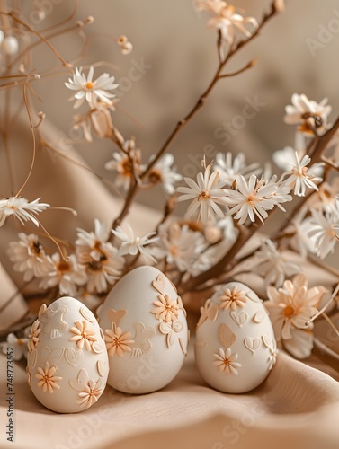 Three white eggs with delicate white stickers on them against a background of flowering tree branches