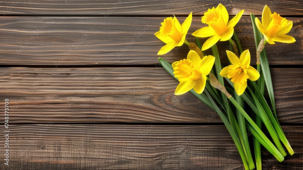 Yellow daffodils on dark wood