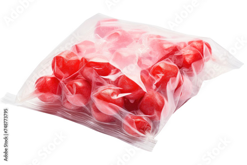 A bag of heart shaped candies is displayed on a plain white background. The candies are various colors and sizes, creating a festive and cheerful image.