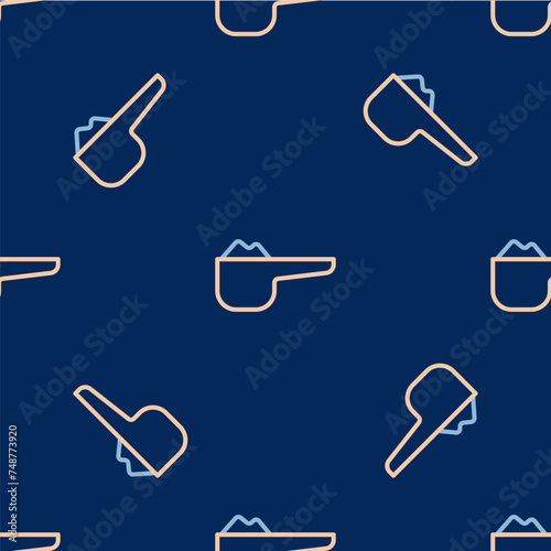 Line Sports nutrition bodybuilding proteine power drink and food icon isolated seamless pattern on blue background. Vector