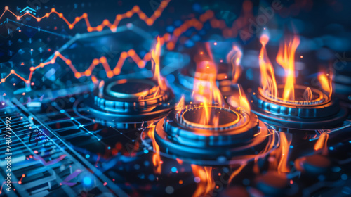 Gas burners with superimposed rising financial graphs  symbolizing the fluctuating energy market costs